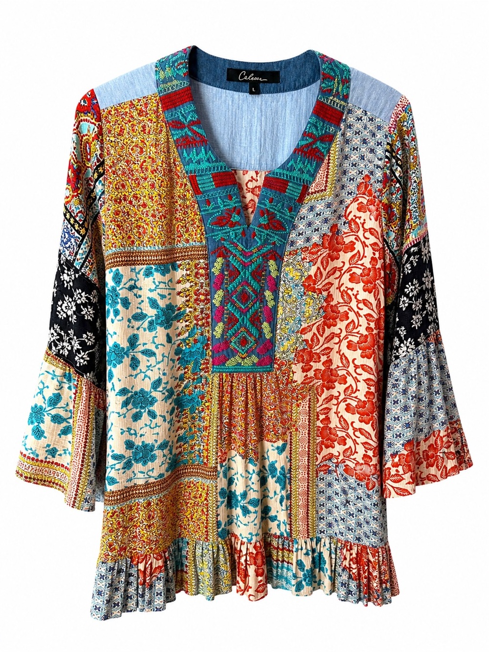 Calessa Patchwork Boho Tunic Top Bell Sleeve Embroidered Women’s Large - Picture 5 of 5